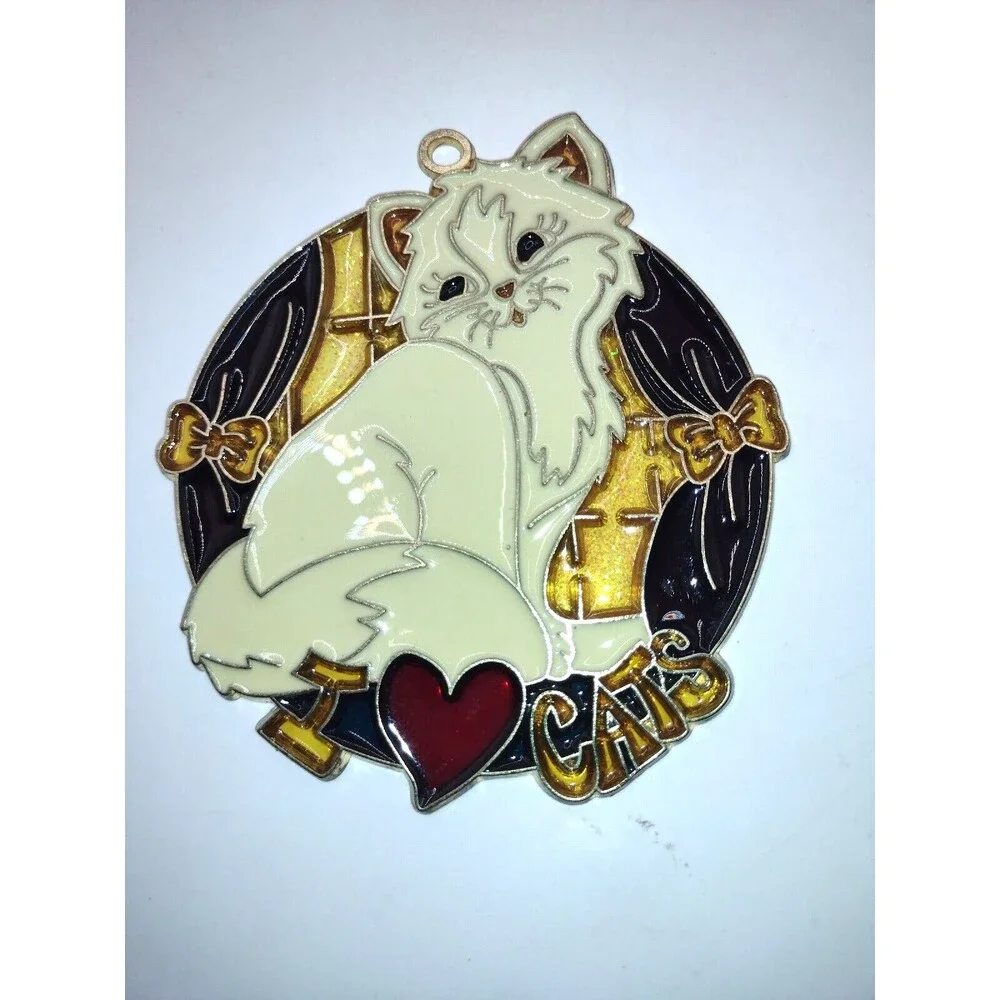 Vtg Persian Cat Sun Catcher Faux Stained Glass Window Green Eyes I Love Cats 4